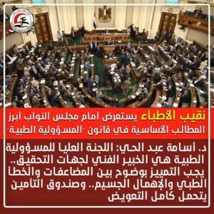  نقيب الأطباء المصري يستعرض أمام مجلس النواب أبرز المطالب الأساسية في قانون "المسؤولية الطبية