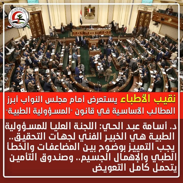  نقيب الأطباء المصري يستعرض أمام مجلس النواب أبرز المطالب الأساسية في قانون "المسؤولية الطبية