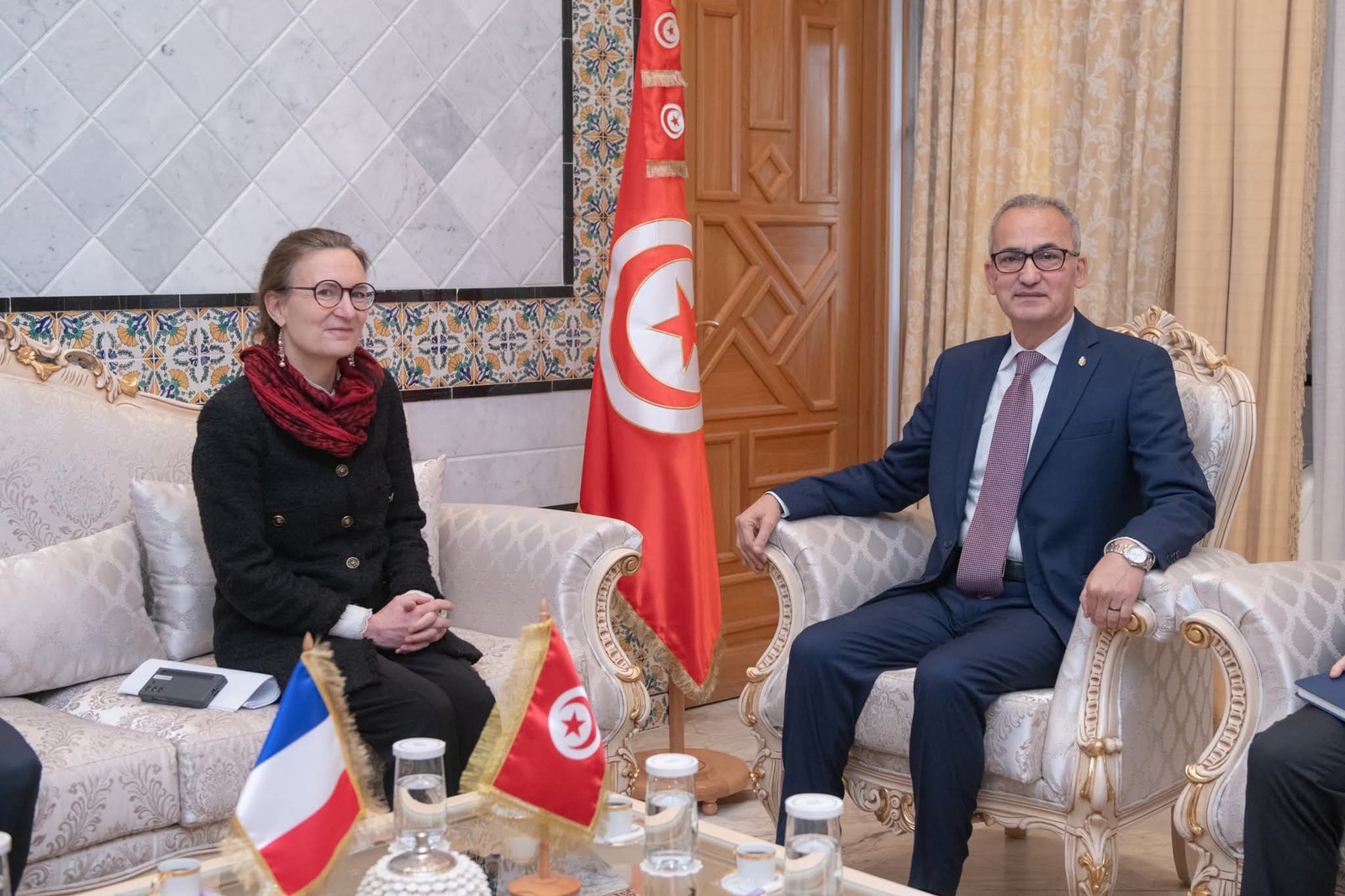 لقاء السيّد محمد بن عيّاد كاتب الدولة لدى وزير الشؤون الخارجية والهجرة والتونسيين سفيــرة فرنسا بتونس