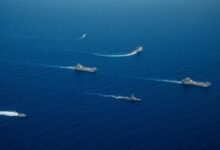 Israeli Navy ships escort the new INS Komemiyut (far right) as she arrives off the coast of Israel. (IDF image)